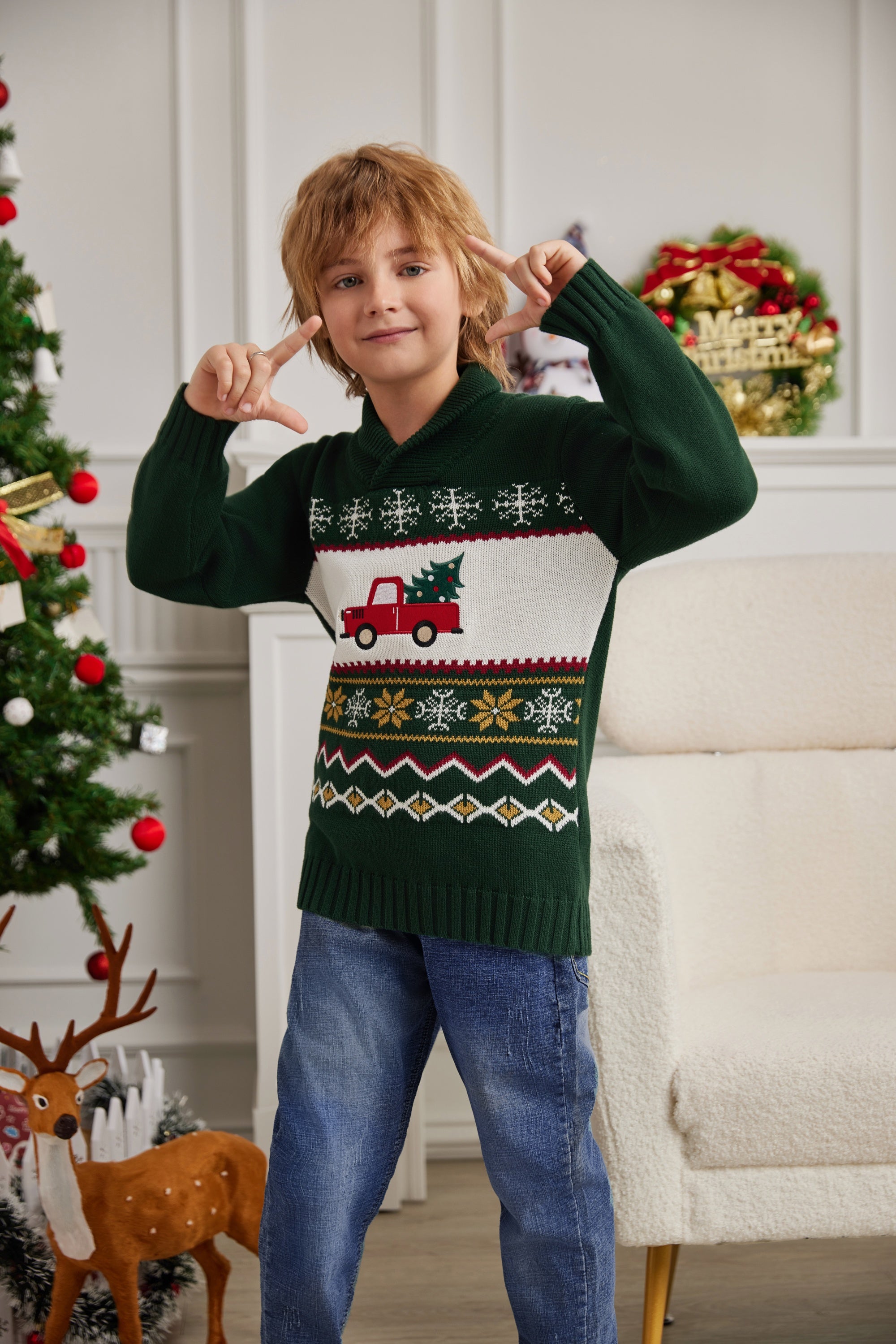 LUBOT 2024 Christmas Sweater for Children Green Car Gexworldwide