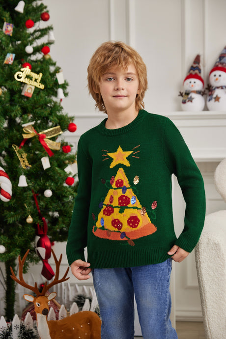 LUBOT 2024 Christmas Sweater for Children Green Pizza