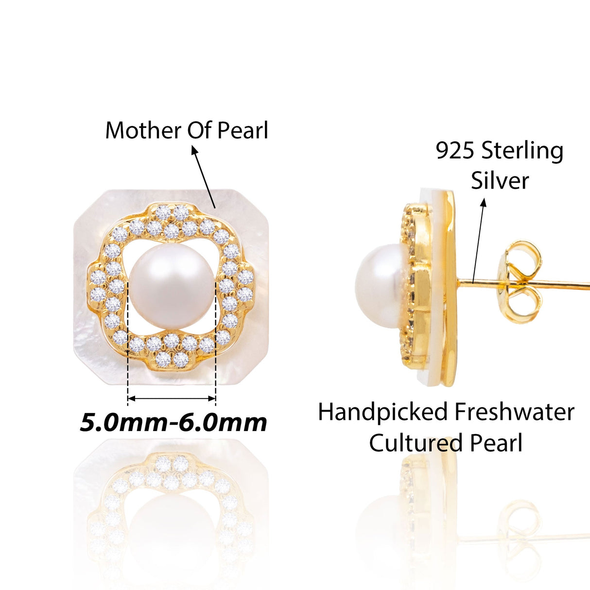 BURLAP LIFE Freshwater Pearl Mother of Pearl Earrings Gold Plated 925 Silver (Square) - GexWorldwide