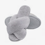 LUBOT Gray Women's Cross Fuzzy Slippers Plush Faux Fur Lined Anti-Slip Indoor Shoes - GexWorldwide