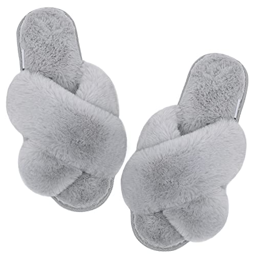 LUBOT Gray Women's Cross Fuzzy Slippers Plush Faux Fur Lined Anti-Slip Indoor Shoes - GexWorldwide