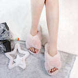 LUBOT Pink Women's Cross Fuzzy Slippers Plush Faux Fur Lined Anti-Slip Indoor Shoes - GexWorldwide