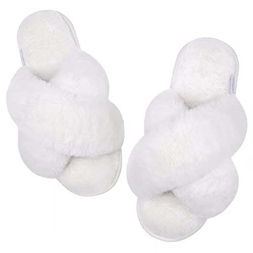 LUBOT White Women's Cross Fuzzy Slippers Plush Faux Fur Lined Anti-Slip Indoor Shoes - GexWorldwide