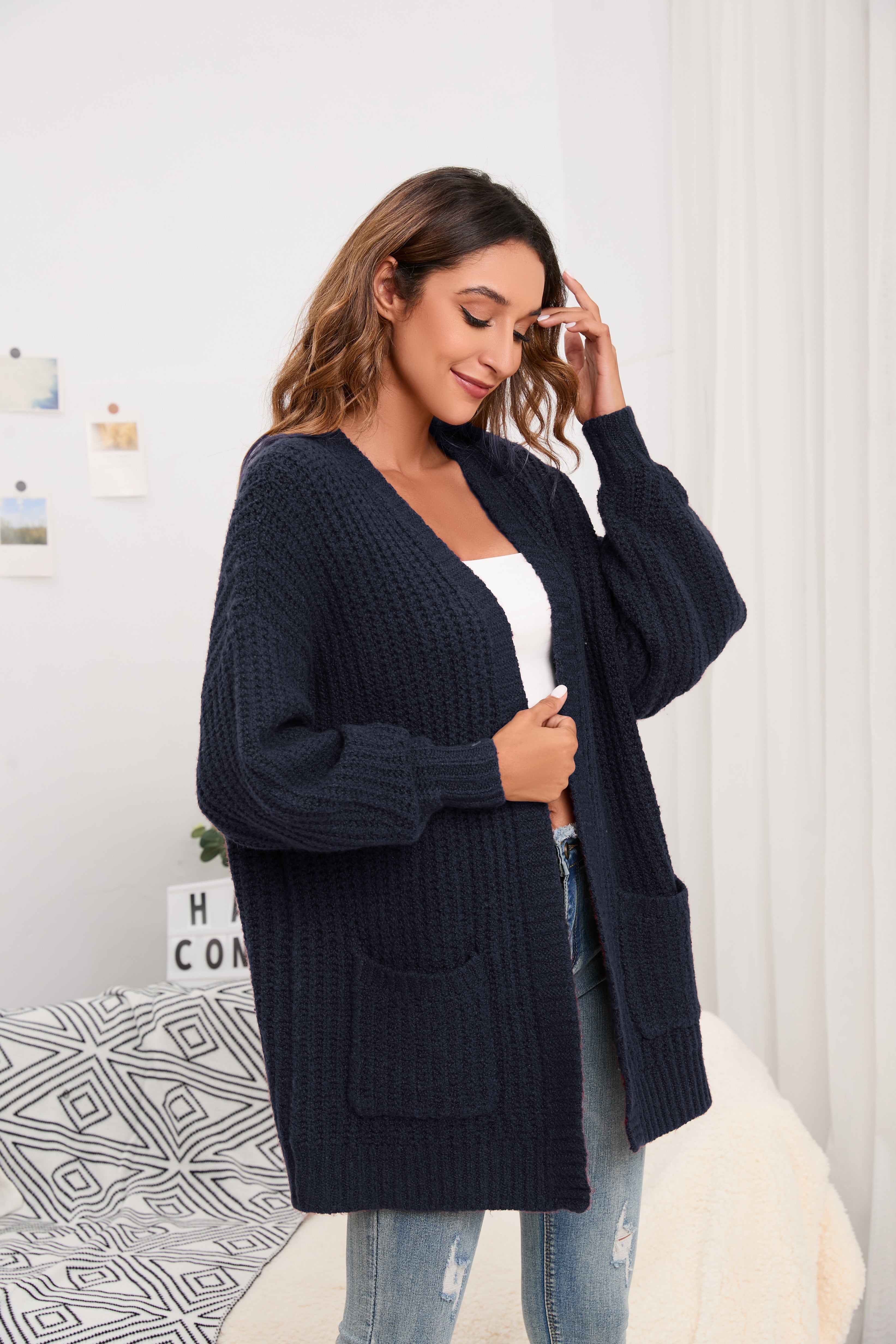 Women s Cardigan Sweater Oversized Cable Chunky Knit Coat Navy Blue