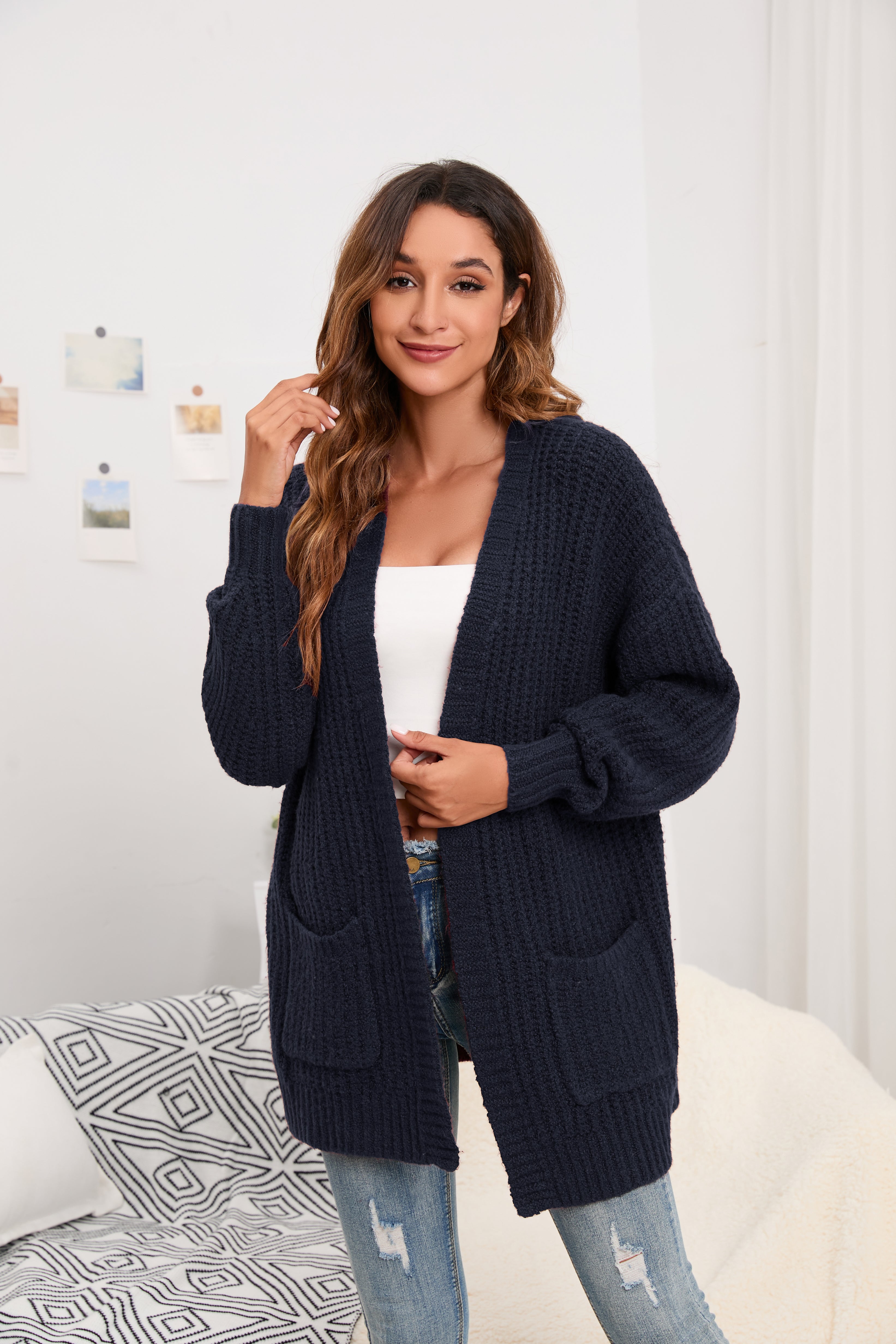 Women s Cardigan Sweater Oversized Cable Chunky Knit Coat Navy Blue XL